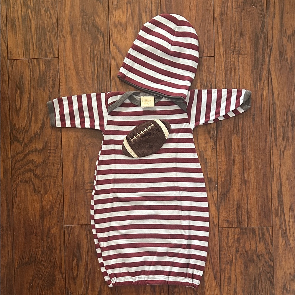 Striped Haute Baby Gown with Hat and Football Patch size 0-3 months